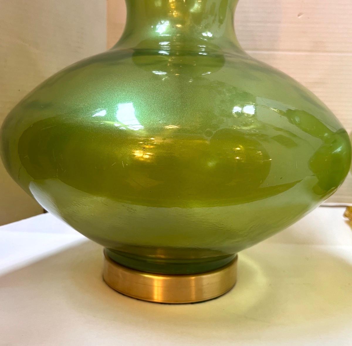 Mid-20th Century  Pair of Large Green Glass Murano Lamps For Sale