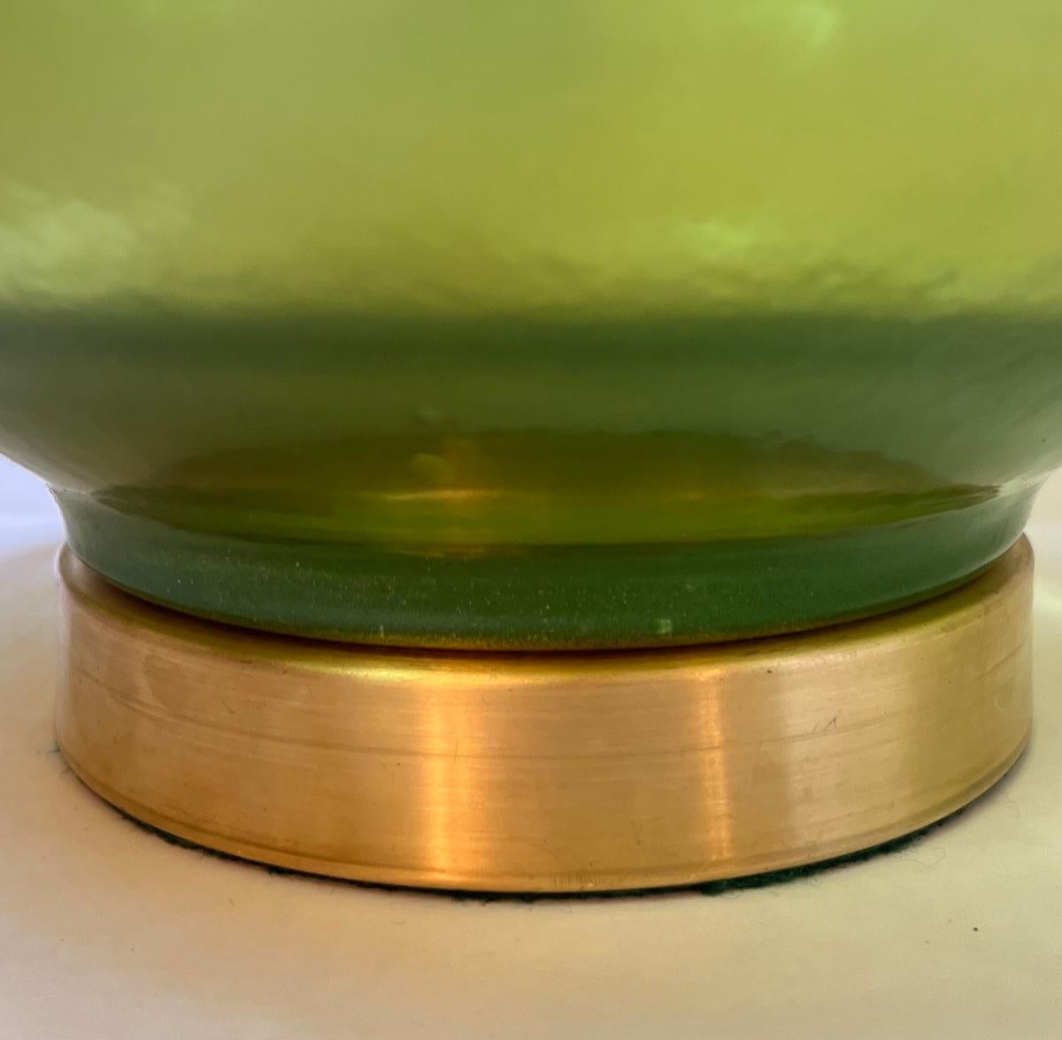 Brass  Pair of Large Green Glass Murano Lamps For Sale