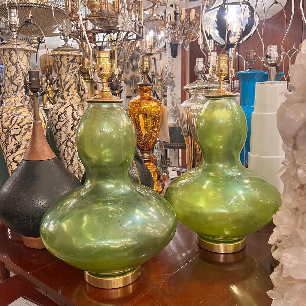  Pair of Large Green Glass Murano Lamps For Sale 1