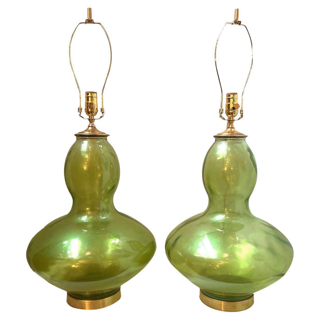  Pair of Large Green Glass Murano Lamps For Sale