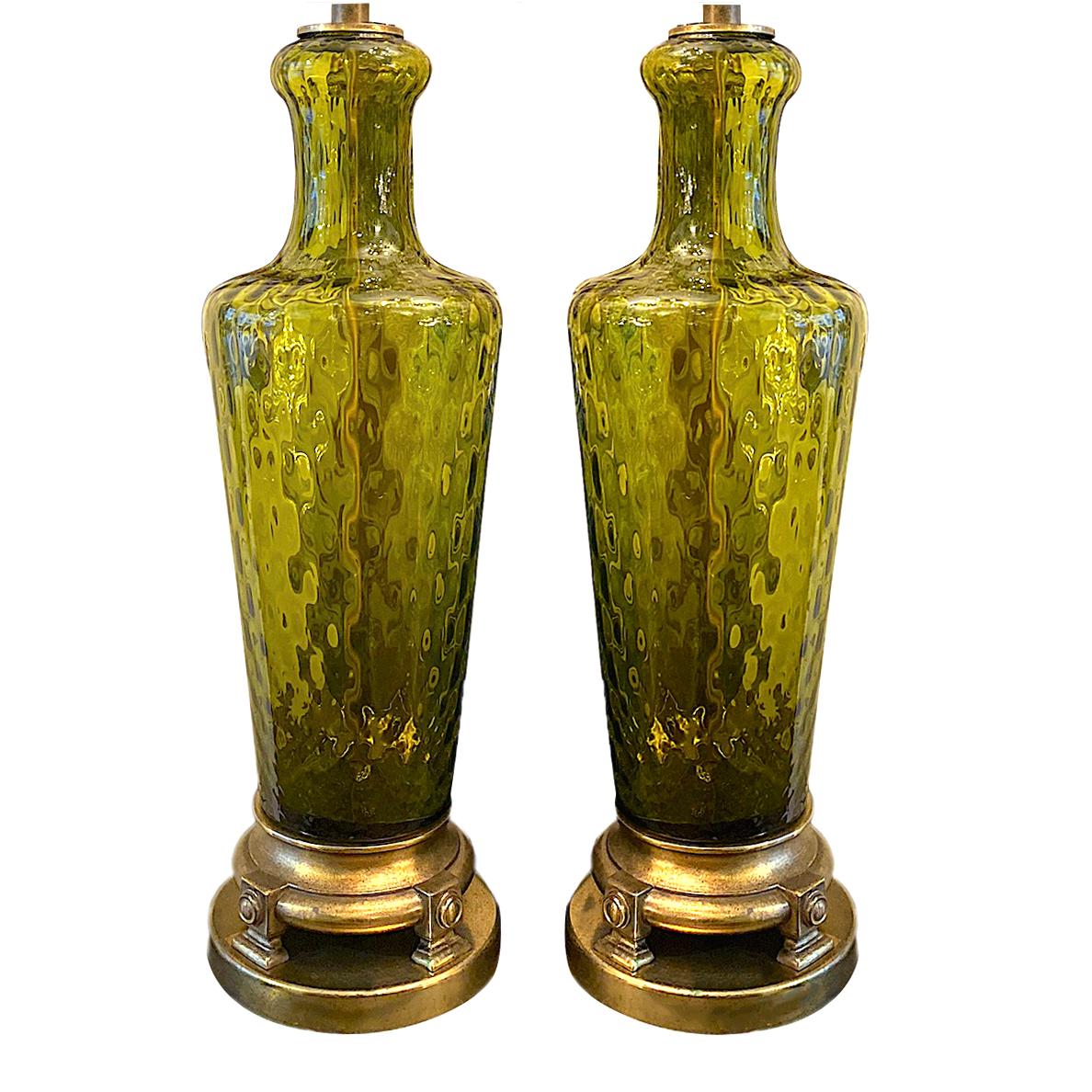 Pair of Large Green Glass Table Lamps 1