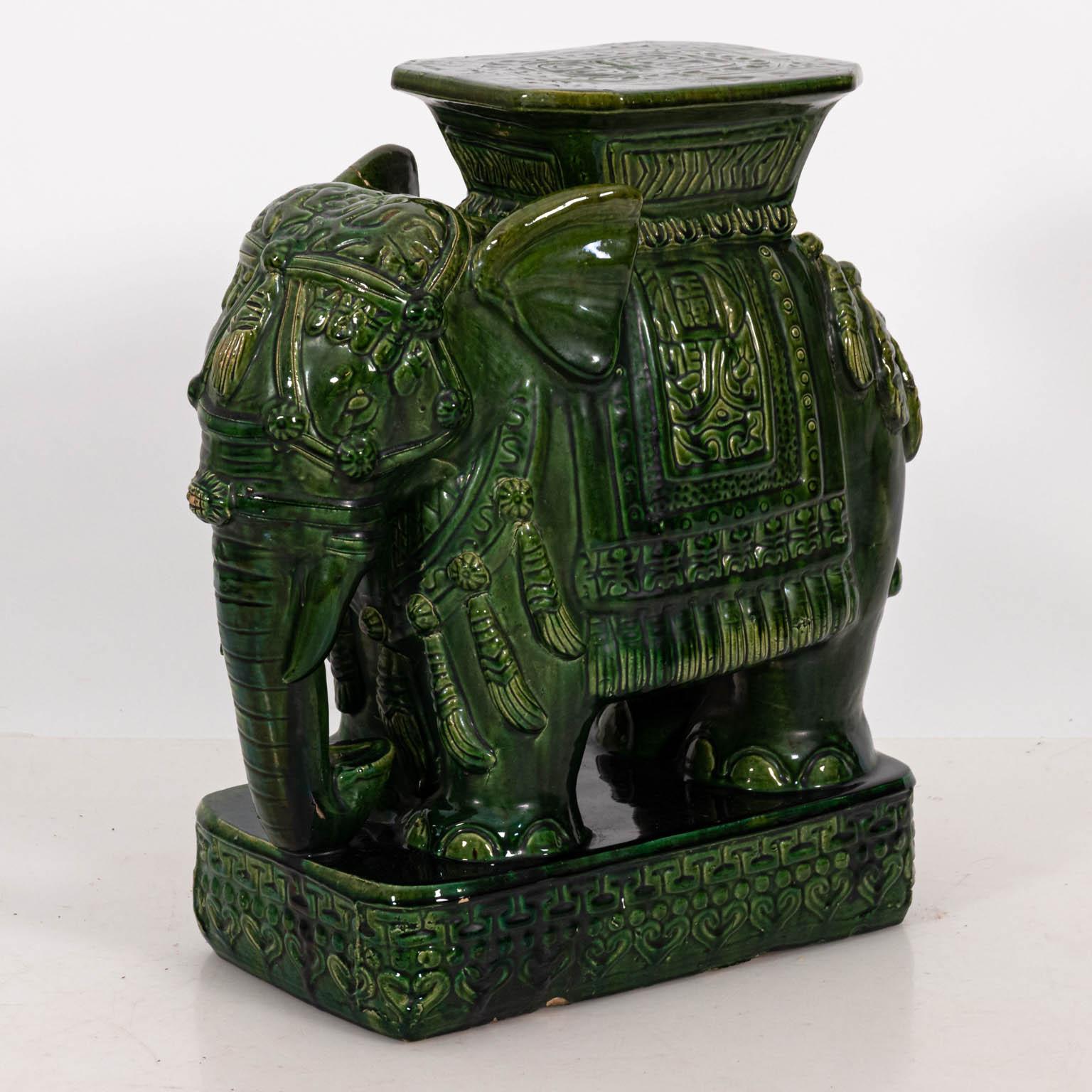 Painted Pair of Large Green Glazed Terracotta Elephant Garden Seats