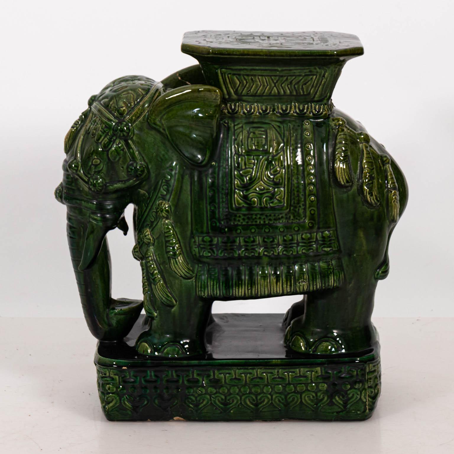 Pair of Large Green Glazed Terracotta Elephant Garden Seats In Good Condition In Stamford, CT