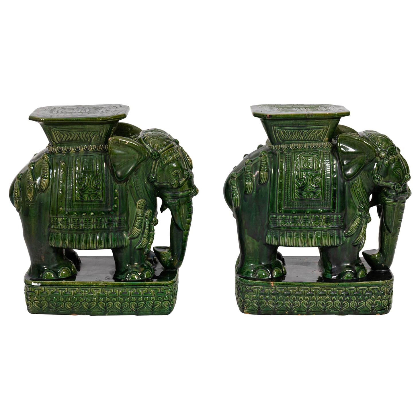 Pair of Large Green Glazed Terracotta Elephant Garden Seats