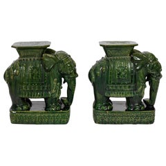 Pair of Large Green Glazed Terracotta Elephant Garden Seats