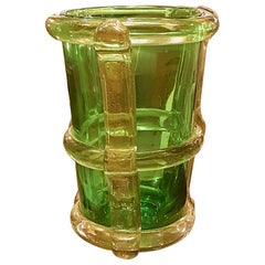 Pair of Large Green & Gold Murano Glass Vases, Mid-Century Modern Barbini Style