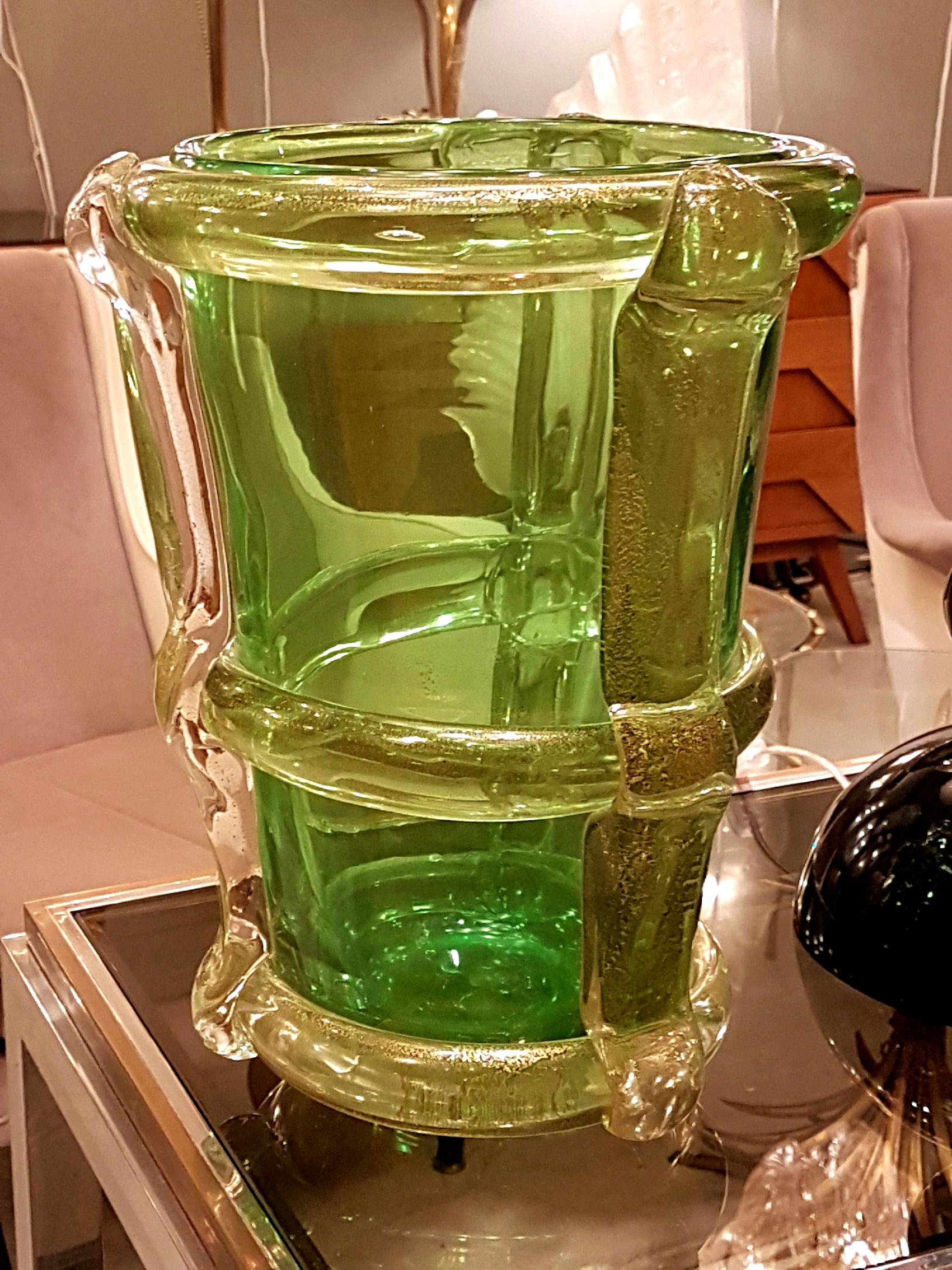 Italian Pair of Large Green & Gold Murano Glass Vases, Mid-Century Modern Barbini Style