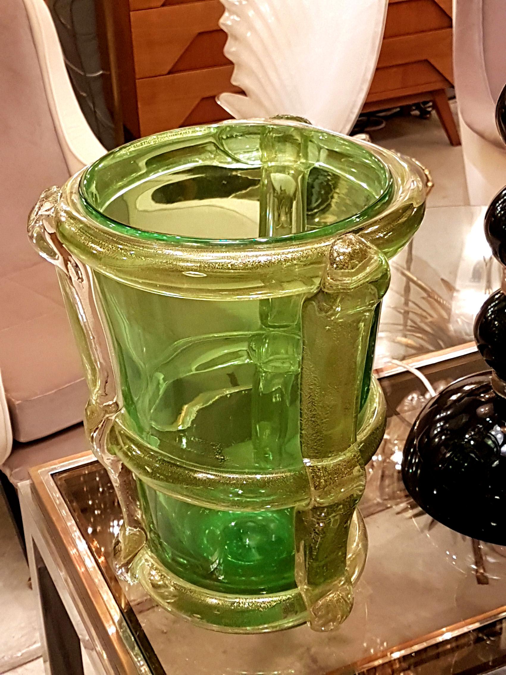 Hand-Crafted Pair of Large Green & Gold Murano Glass Vases, Mid-Century Modern Barbini Style
