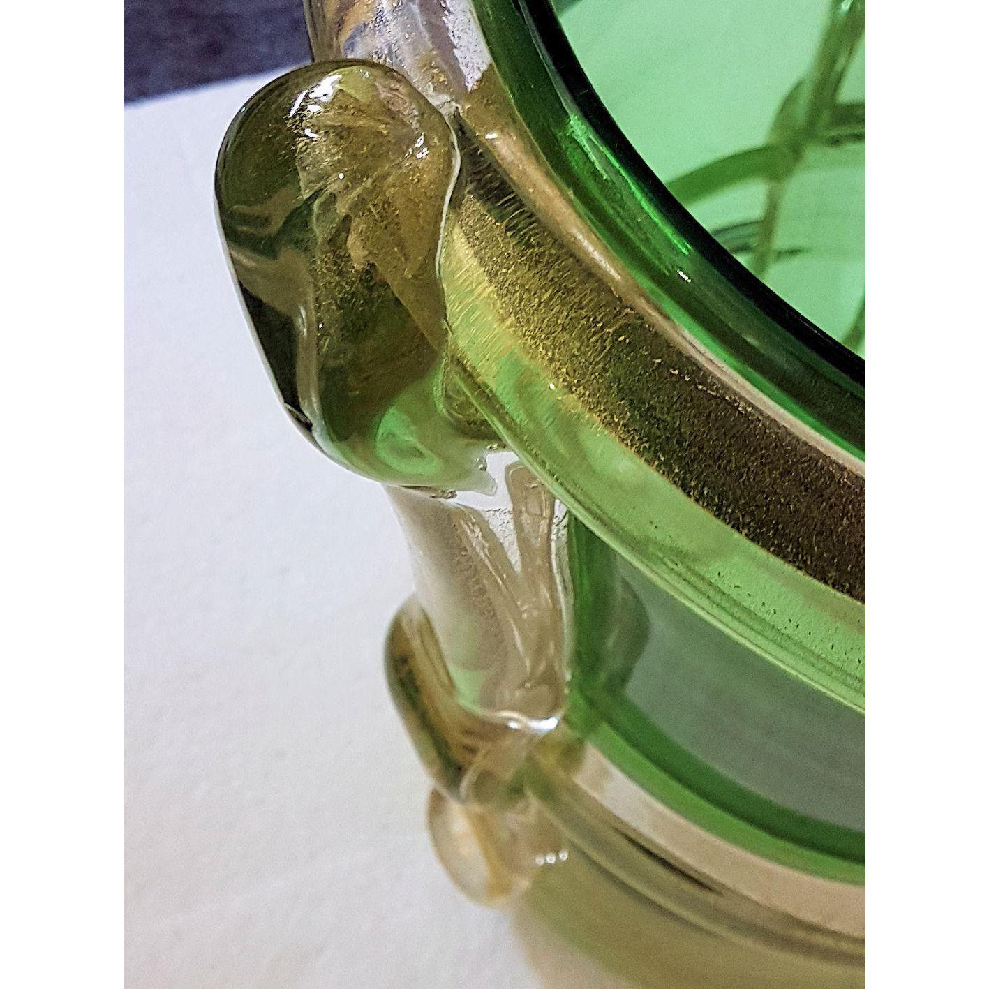 Late 20th Century Pair of Large Green & Gold Murano Glass Vases, Mid-Century Modern Barbini Style