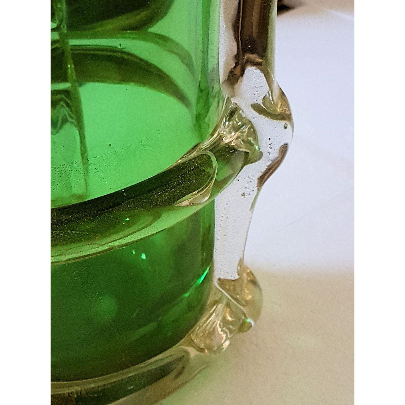 Pair of Large Green & Gold Murano Glass Vases, Mid-Century Modern Barbini Style 1
