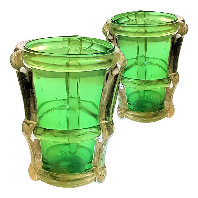 Pair Of Large Green And Gold Murano Glass Vases Mid Century