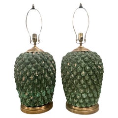 Pair of Large Green Italian Ceramic Lamps