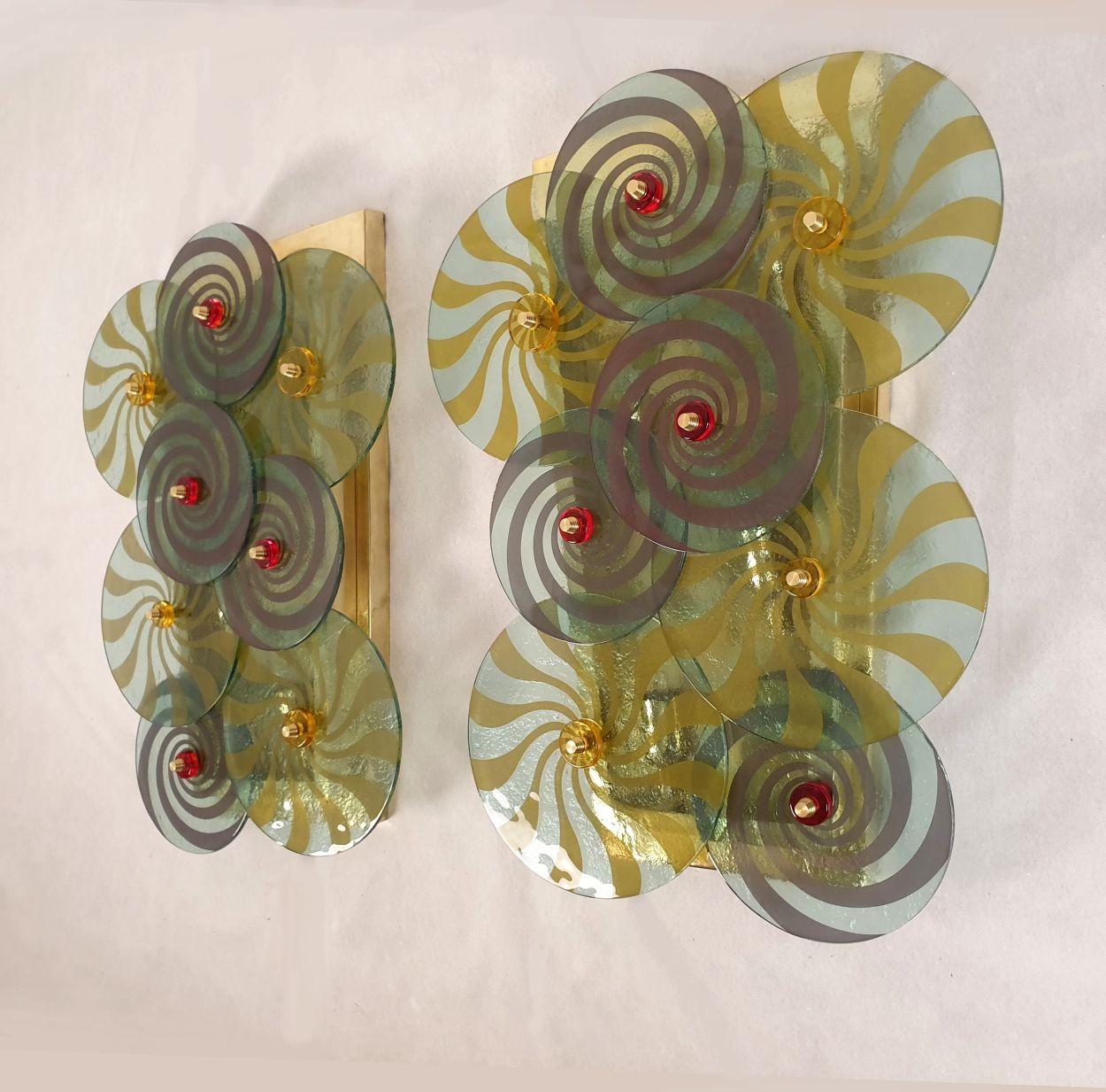 Mid-Century Modern Pair of large green Murano discs sconces 1970s For Sale