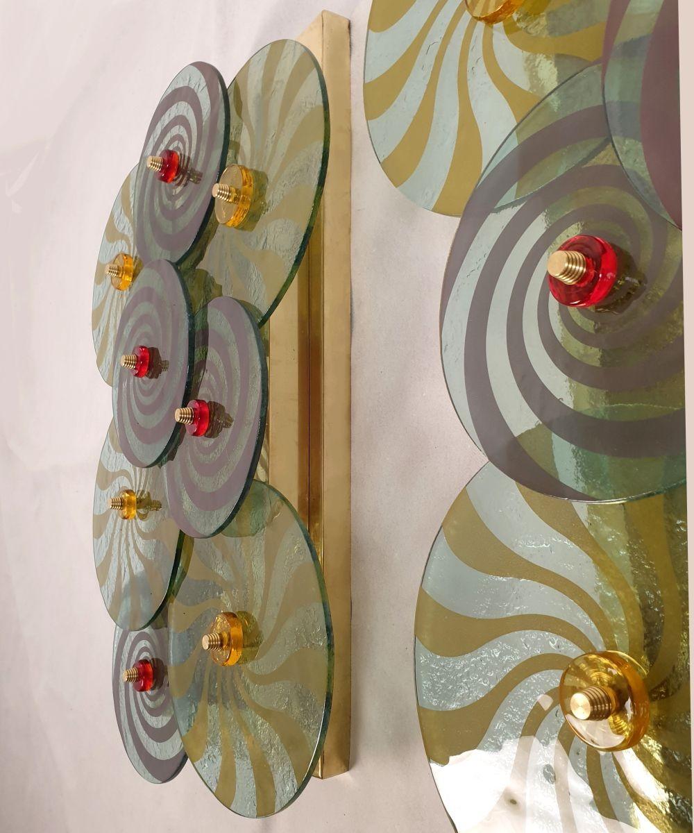 Late 20th Century Pair of large green Murano discs sconces 1970s For Sale
