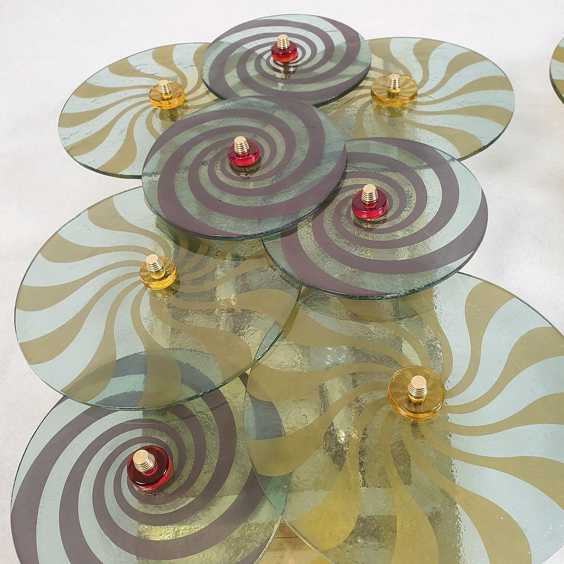 Brass Pair of large green Murano discs sconces 1970s For Sale