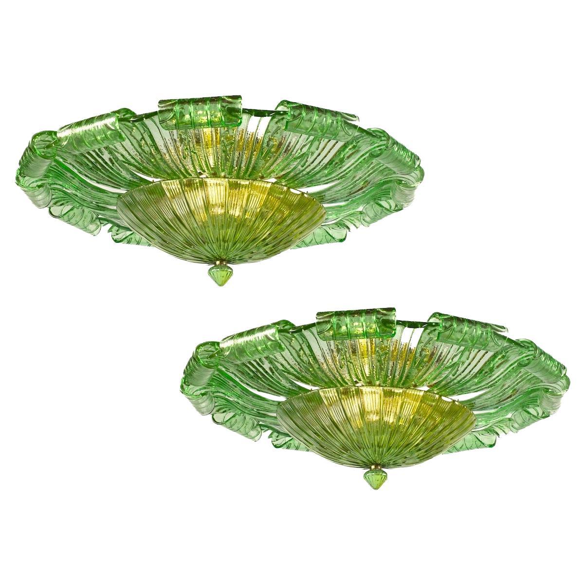 Pair of  Large Green Murano Glass Leave Ceiling Light or Flush Mount  For Sale