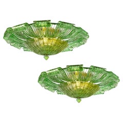 Pair of  Large Green Murano Glass Leave Ceiling Light or Flush Mount 