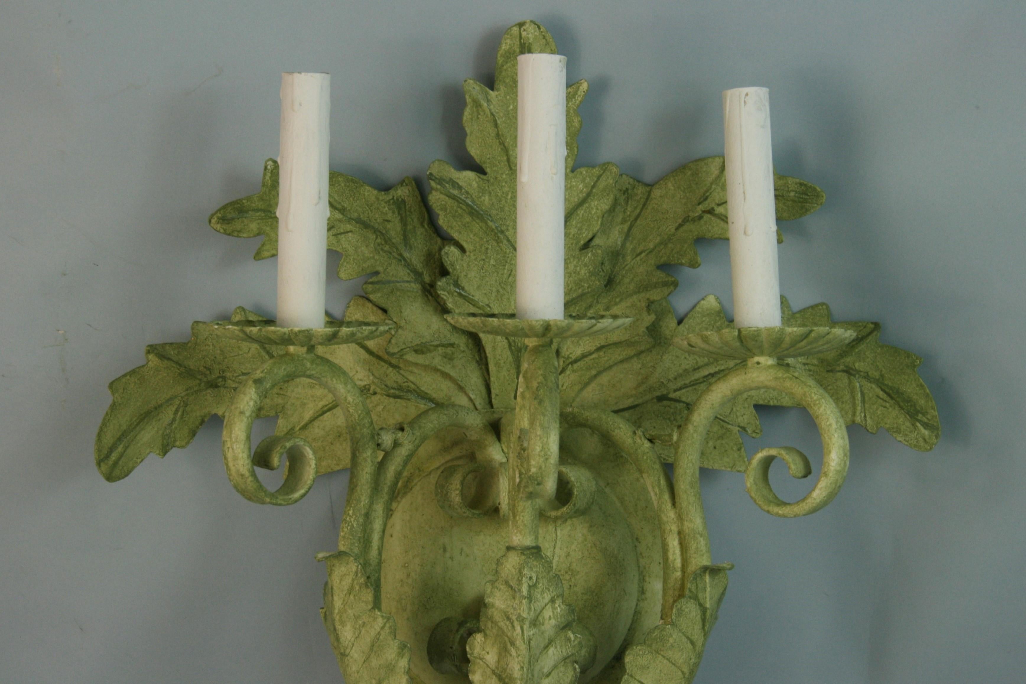 Pair of Large Green  Three Light Palm Frond  Wall Sconces In Good Condition For Sale In Douglas Manor, NY