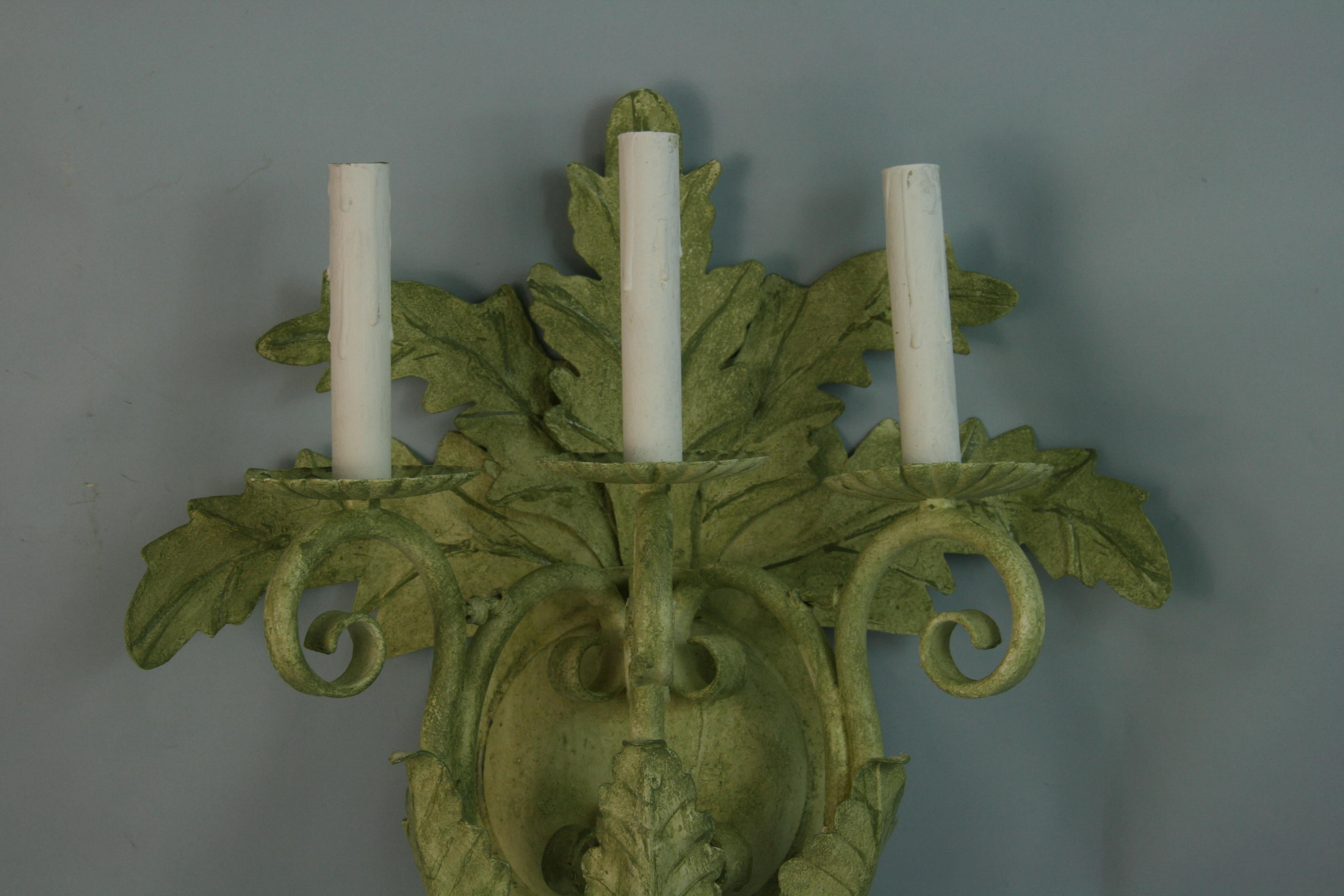 Pair of Large Green  Three Light Palm Frond  Wall Sconces For Sale 1