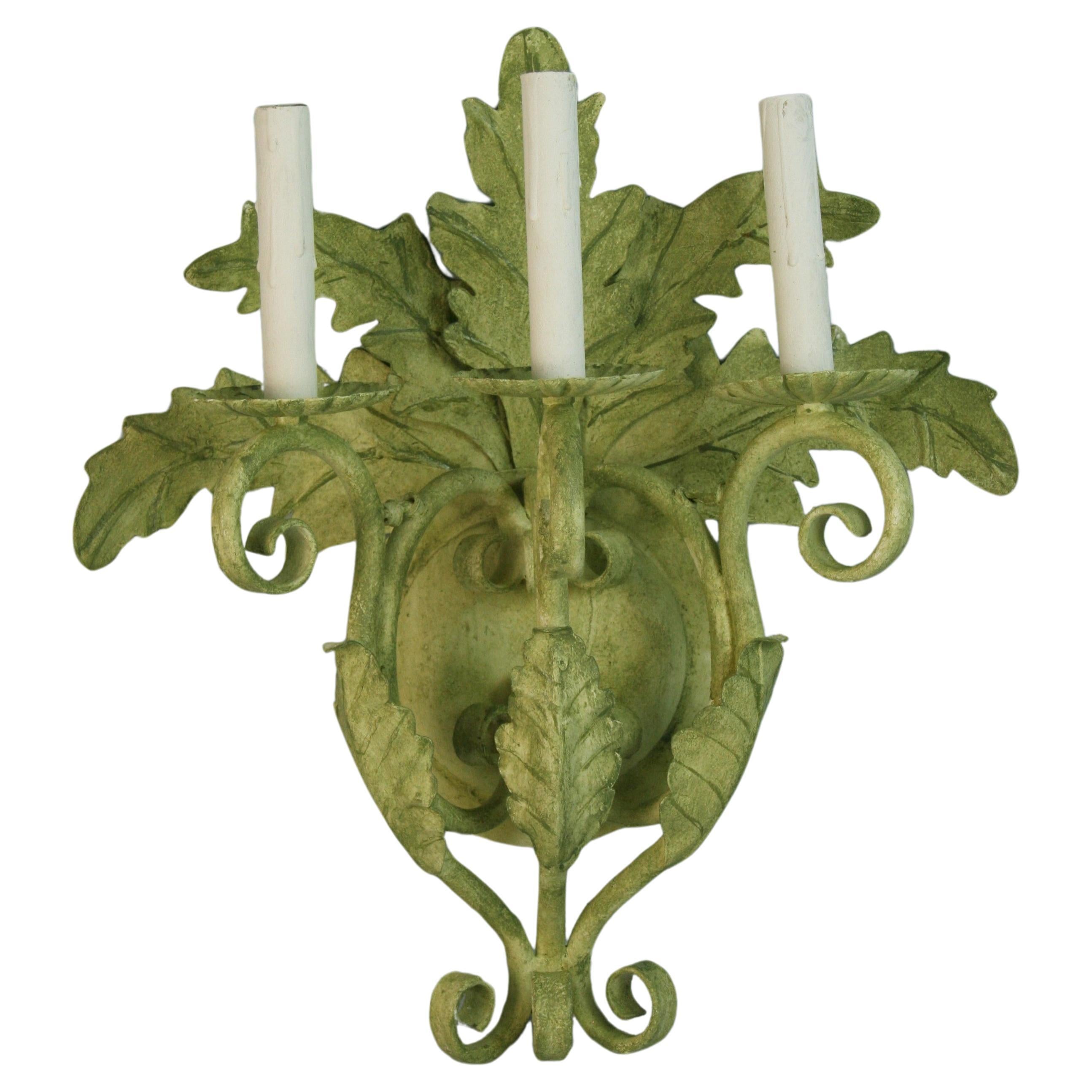 Pair of Large Green  Three Light Palm Frond  Wall Sconces For Sale