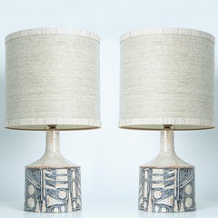 Paire de grandes lampes de table en céramique grise pour Soholm avec abat-jour en soie, Danemark 1960