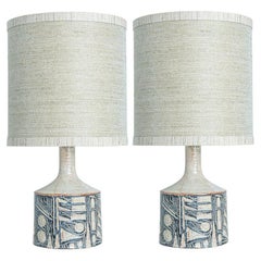 Pair of Large Grey Ceramic Table Lamps for Soholm with Silk Shade, Denmark 1960