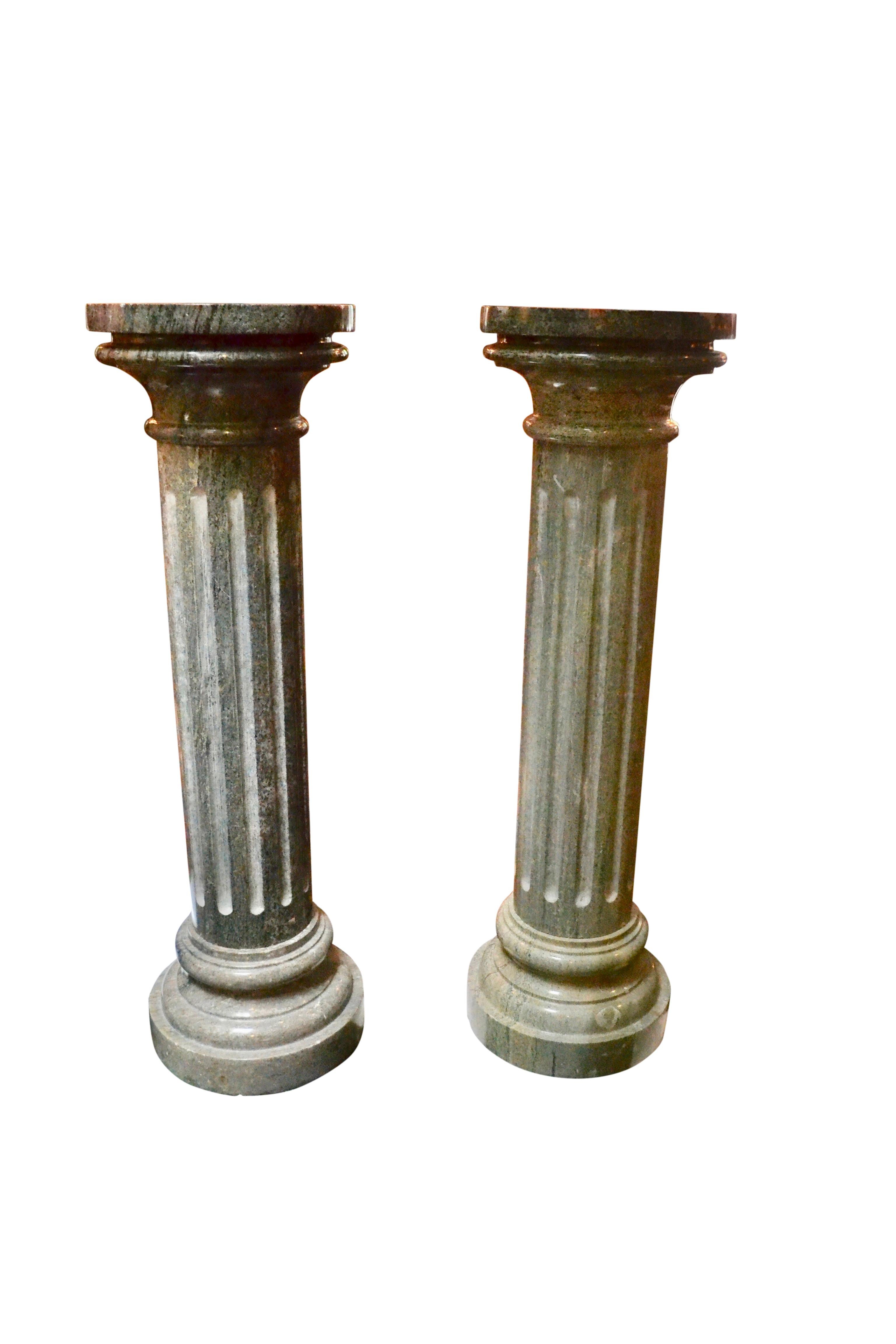 Neoclassical Pair of Large Grey/Green Fluted Marble Columns For Sale