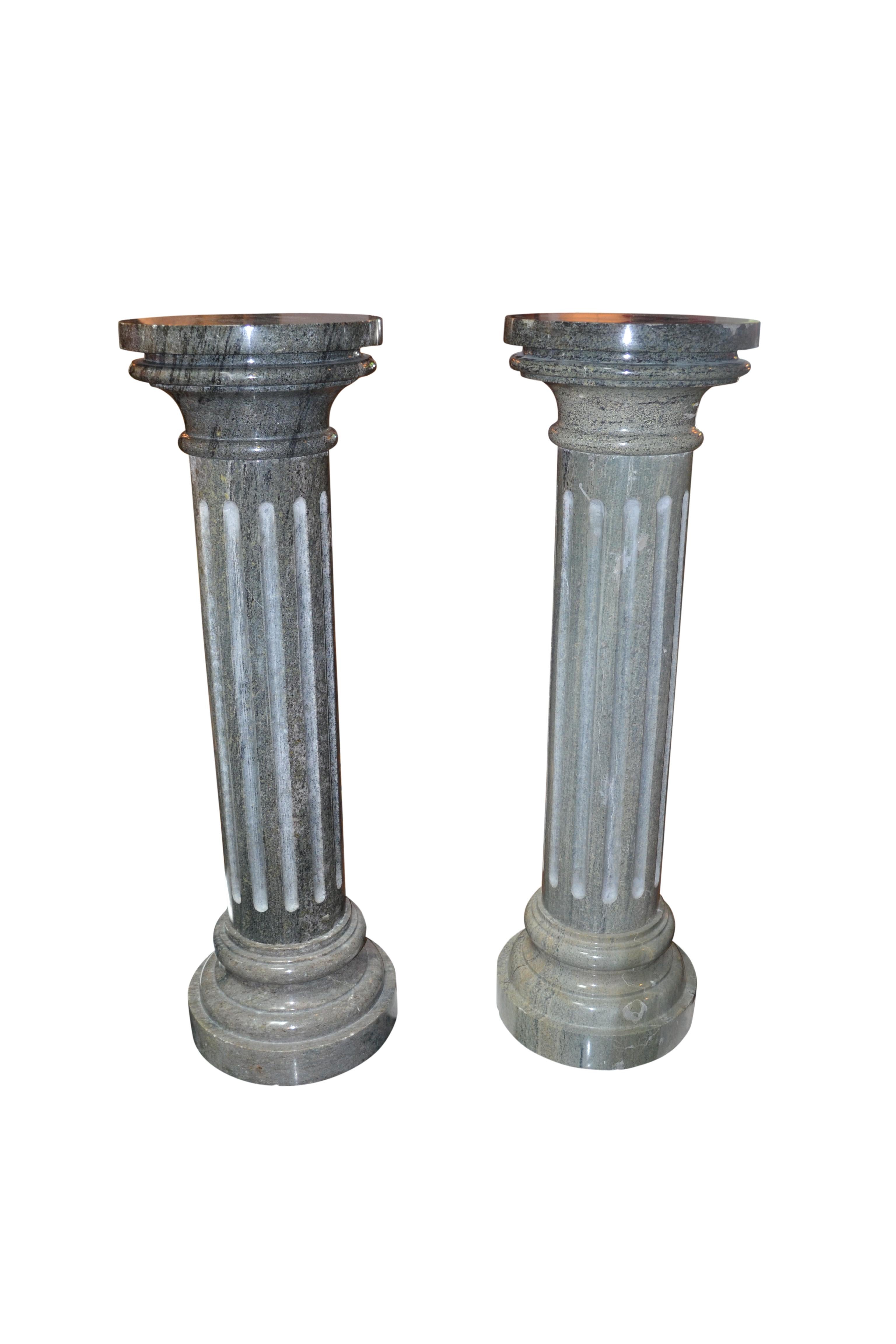 Italian Pair of Large Grey/Green Fluted Marble Columns For Sale