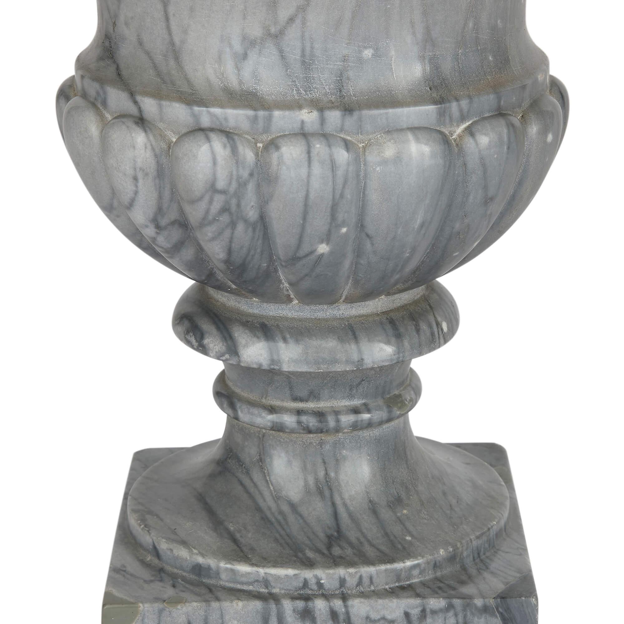 Pair of Large Grey Marble Neoclassical Campana Form Garden Vases In Fair Condition For Sale In London, GB