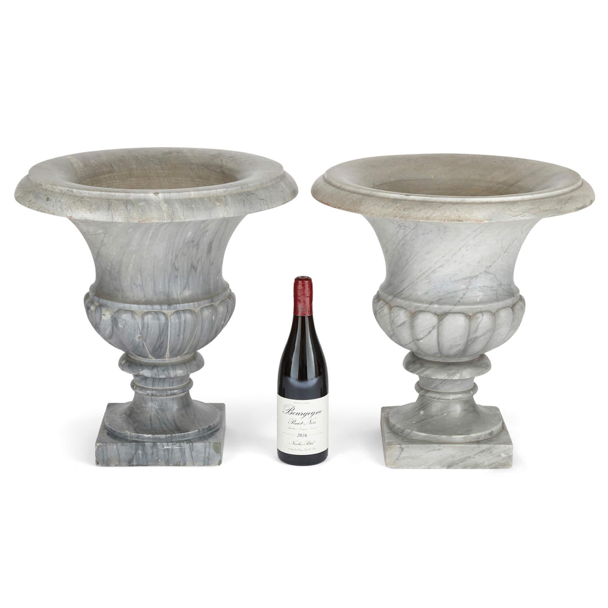 Pair of Large Grey Marble Neoclassical Campana Form Garden Vases For Sale 1