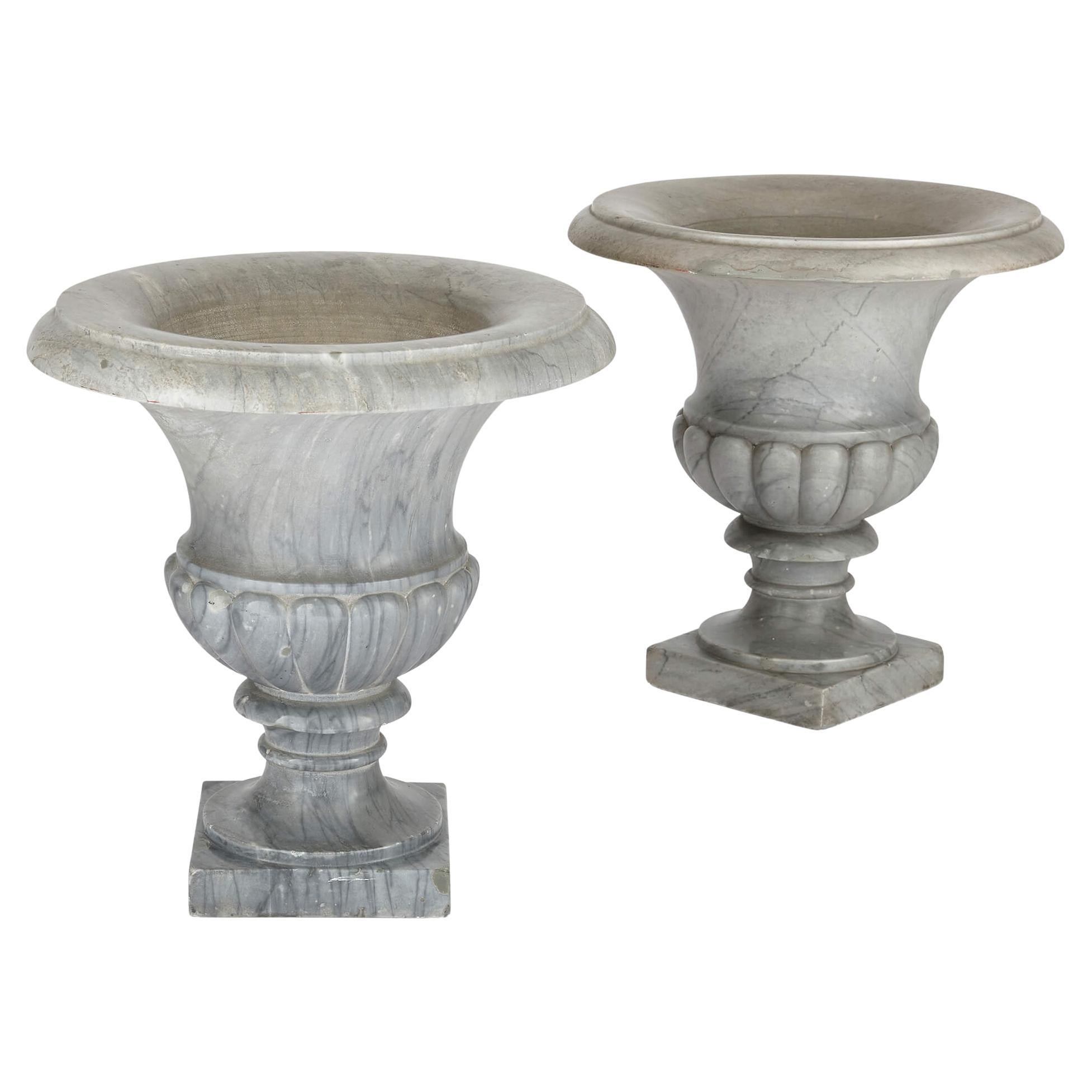 Pair of Large Grey Marble Neoclassical Campana Form Garden Vases For Sale