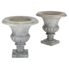 Pair of Large Grey Marble Neoclassical Campana Form Garden Vases