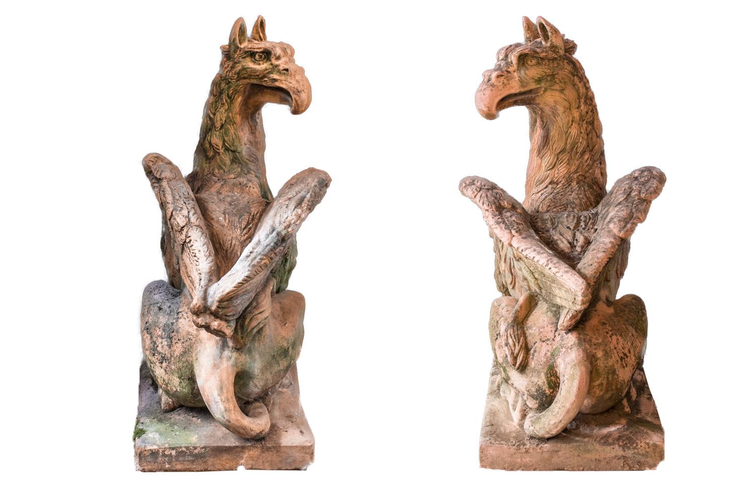 European Pair of Large Griffins Sculptures in Terracotta Style Stone, 1940’s