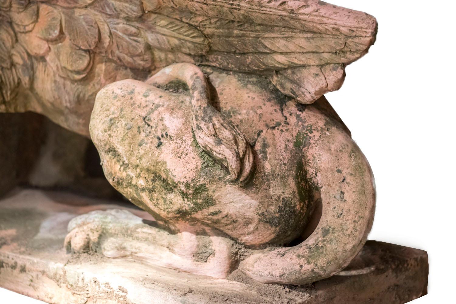 Mid-20th Century Pair of Large Griffins Sculptures in Terracotta Style Stone, 1940s