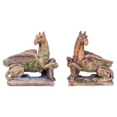 Pair of Large Griffins Sculptures in Terracotta Style Stone, 1940’s