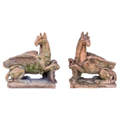 Vintage Pair of Large Griffins Sculptures in Terracotta Style Stone, 1940’s