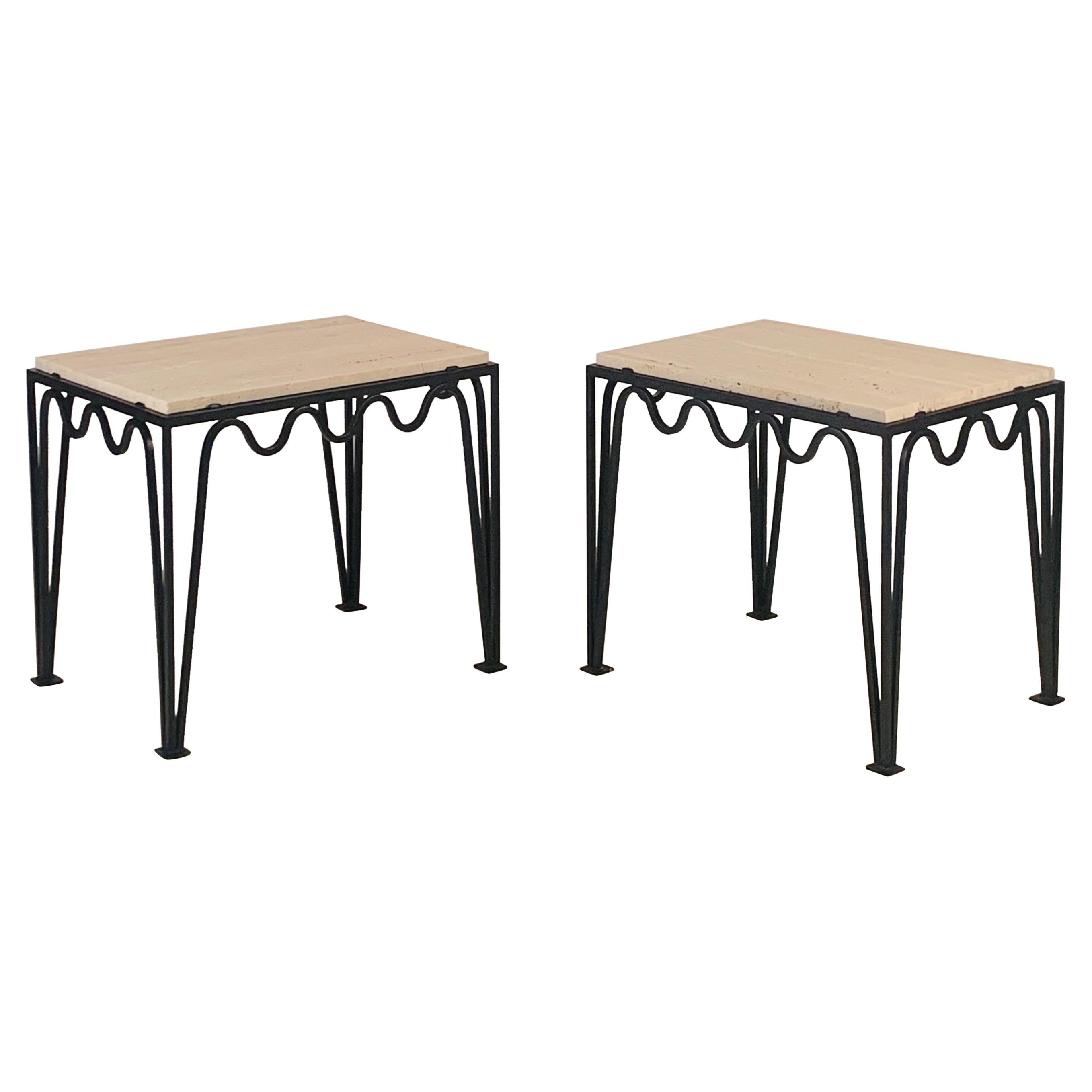 Pair of Large Grooved Travertine Meandre Side Tables by Design Frères