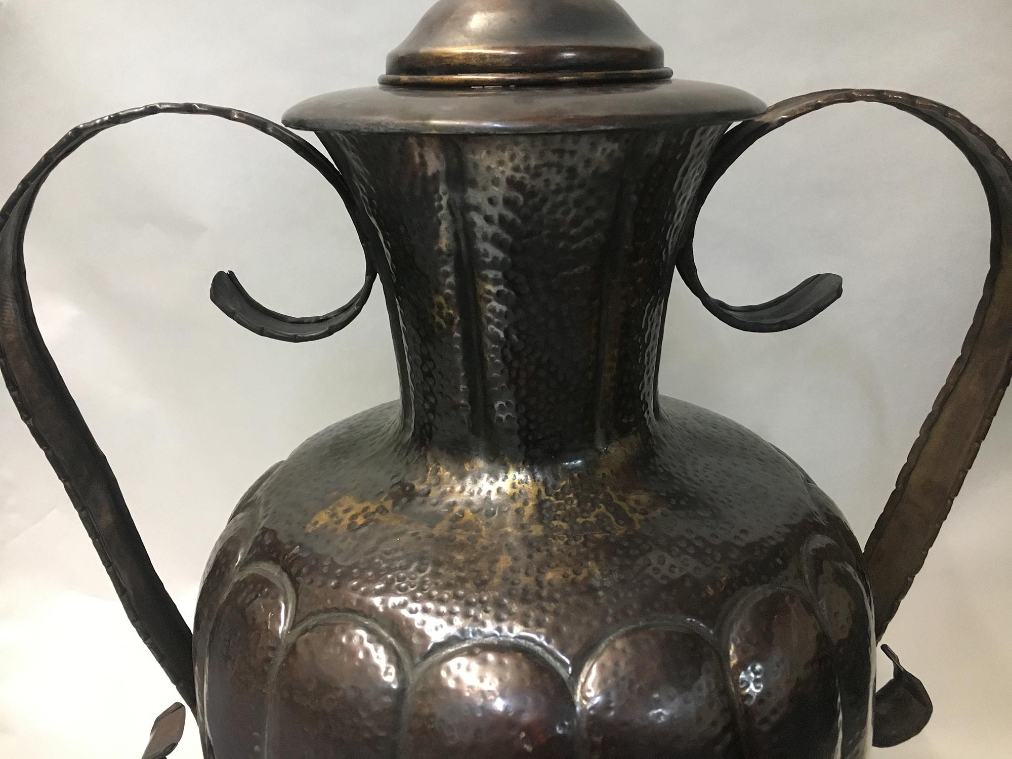 Italian Pair of Large Hammered Bronze Urns Mounted as Lamps For Sale