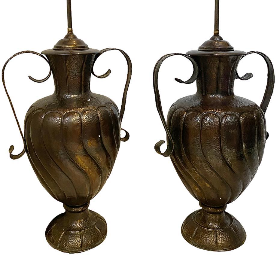 Pair of Large Hammered Bronze Urns Mounted as Lamps In Good Condition For Sale In New York, NY