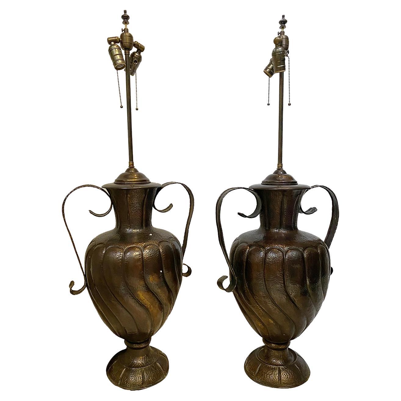 Pair of Large Hammered Bronze Urns Mounted as Lamps For Sale