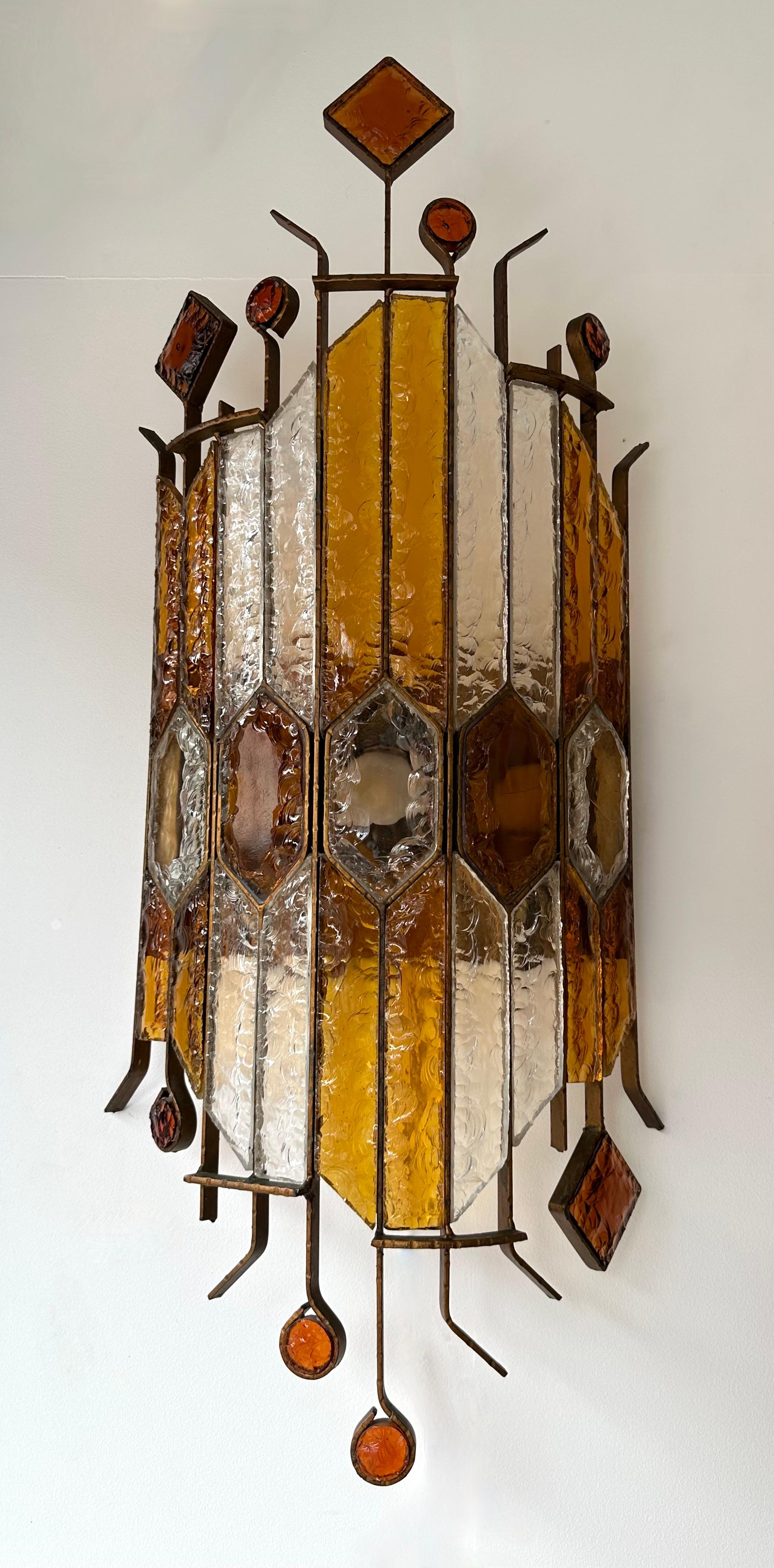 Pair of Large Hammered Glass Wrought Iron Sconces by Longobard, Italy, 1970s 6
