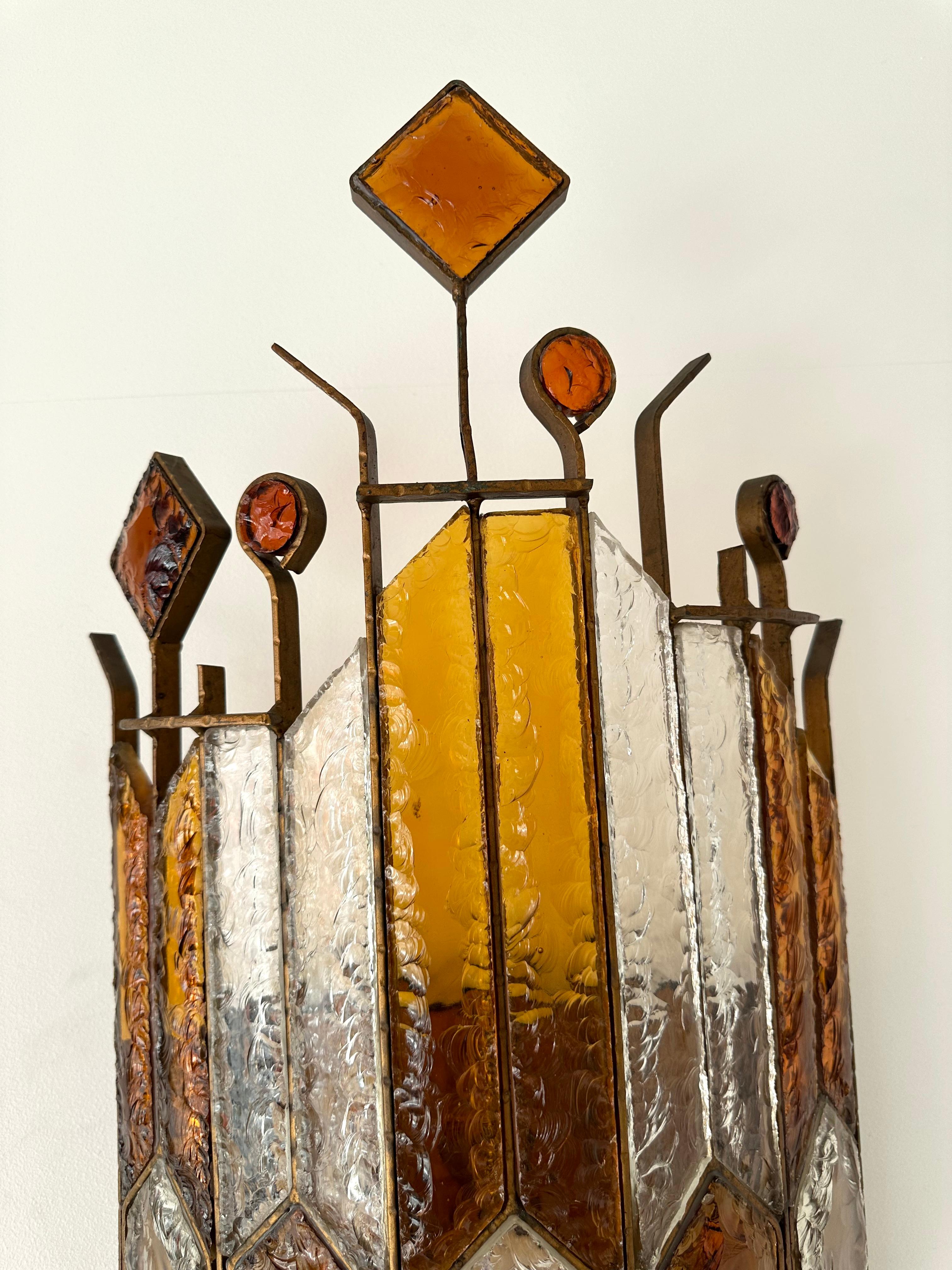 Pair of Large Hammered Glass Wrought Iron Sconces by Longobard, Italy, 1970s 7