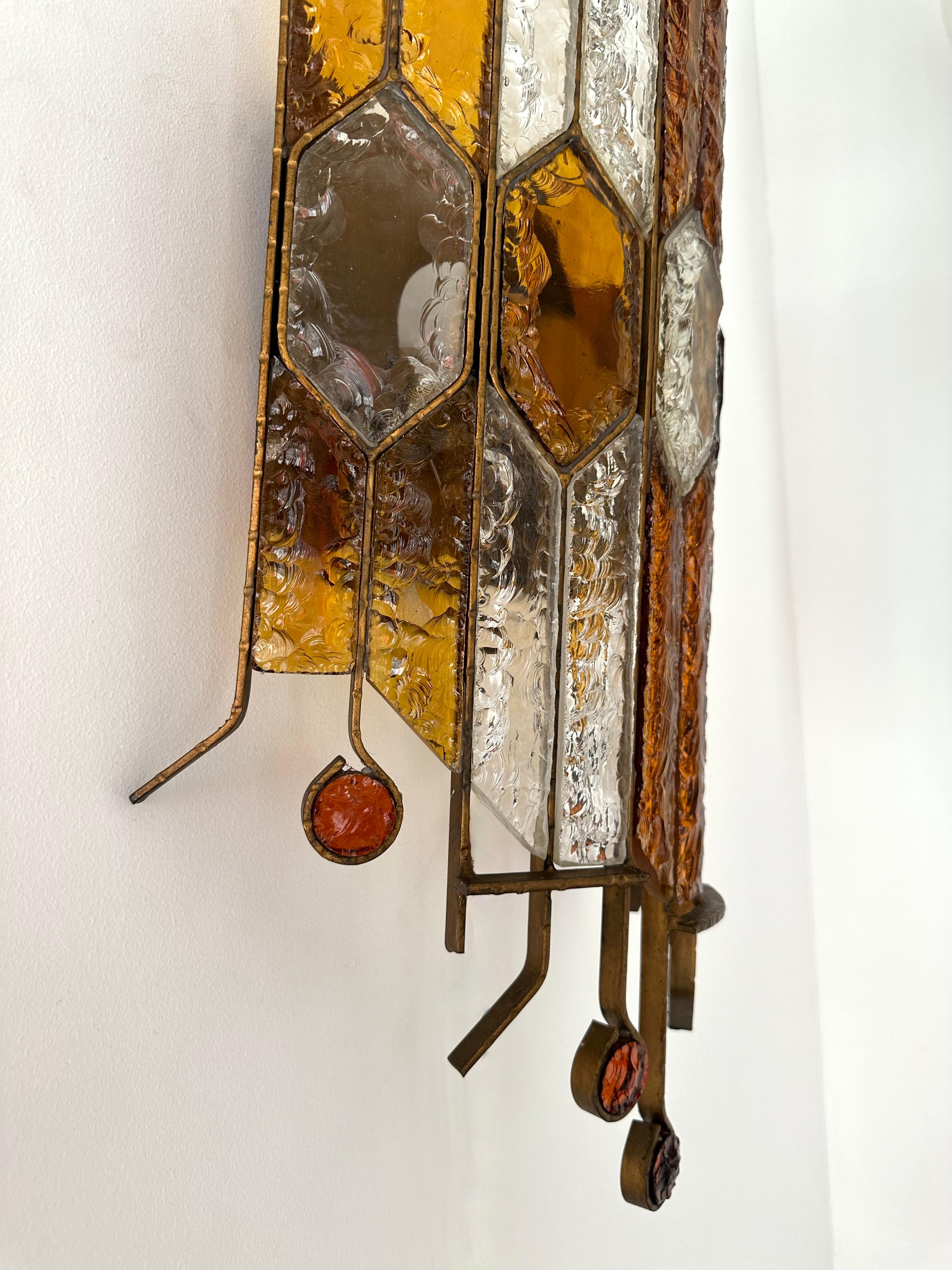 Brutalist Pair of Large Hammered Glass Wrought Iron Sconces by Longobard, Italy, 1970s