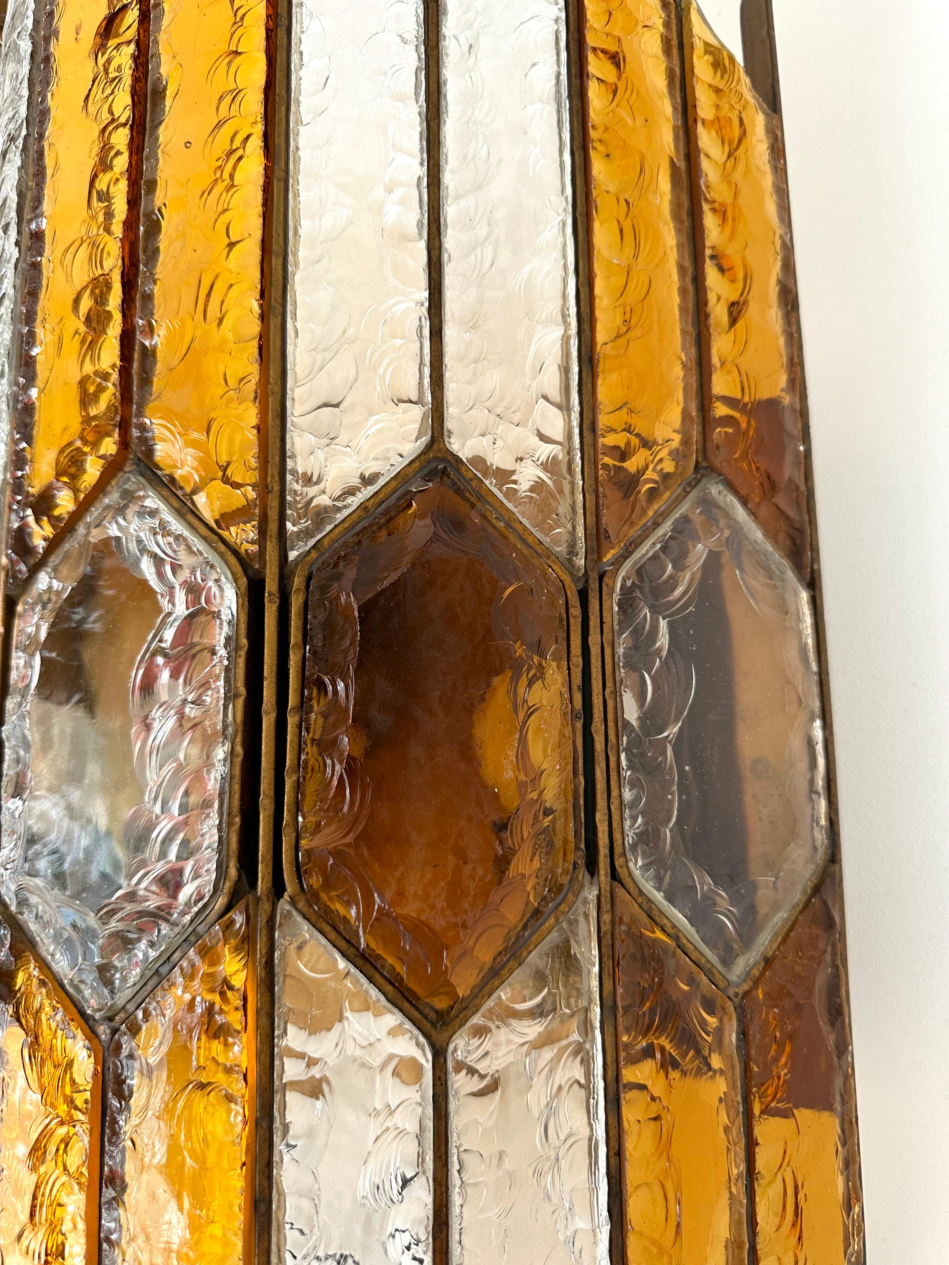 Italian Pair of Large Hammered Glass Wrought Iron Sconces by Longobard, Italy, 1970s