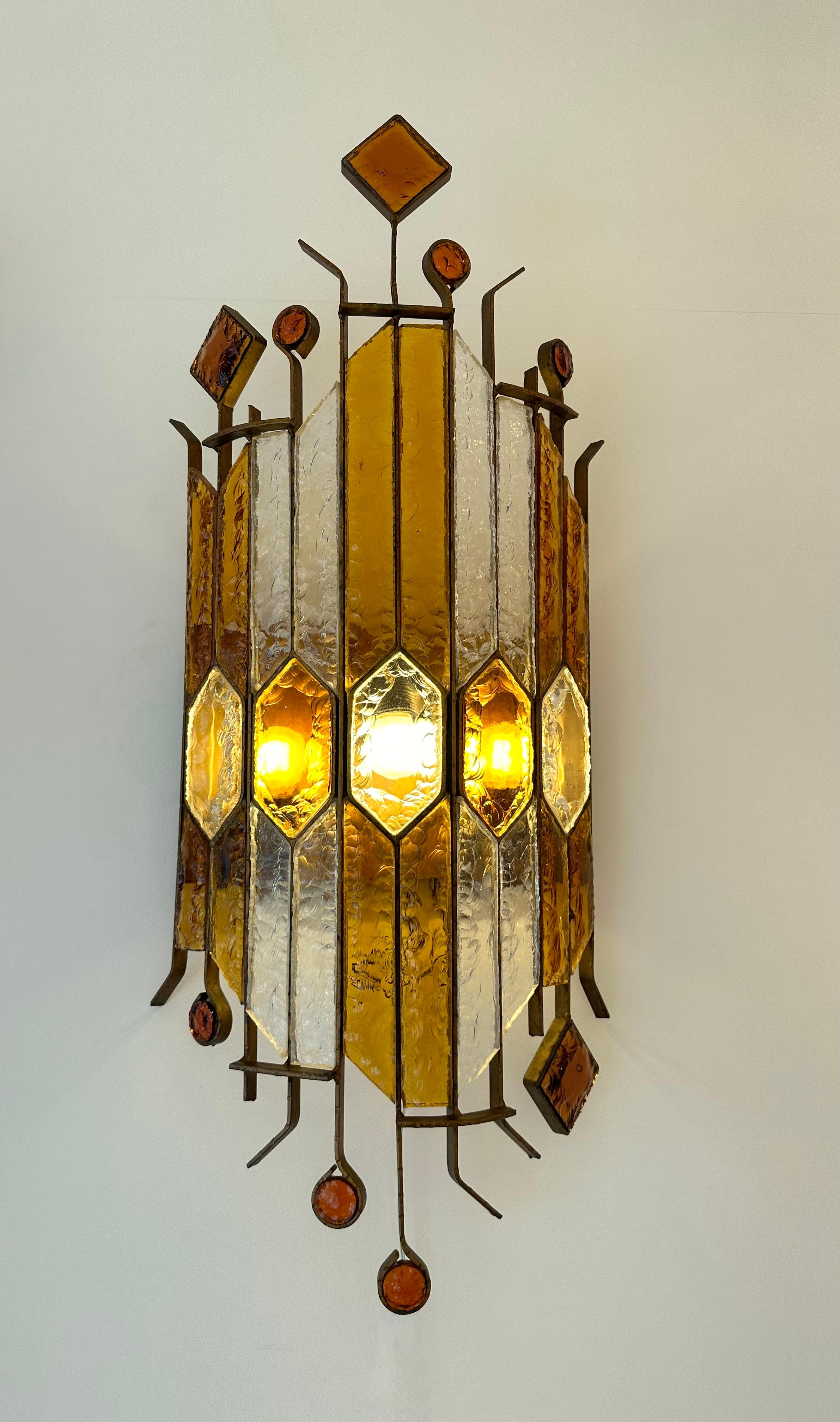 Late 20th Century Pair of Large Hammered Glass Wrought Iron Sconces by Longobard, Italy, 1970s