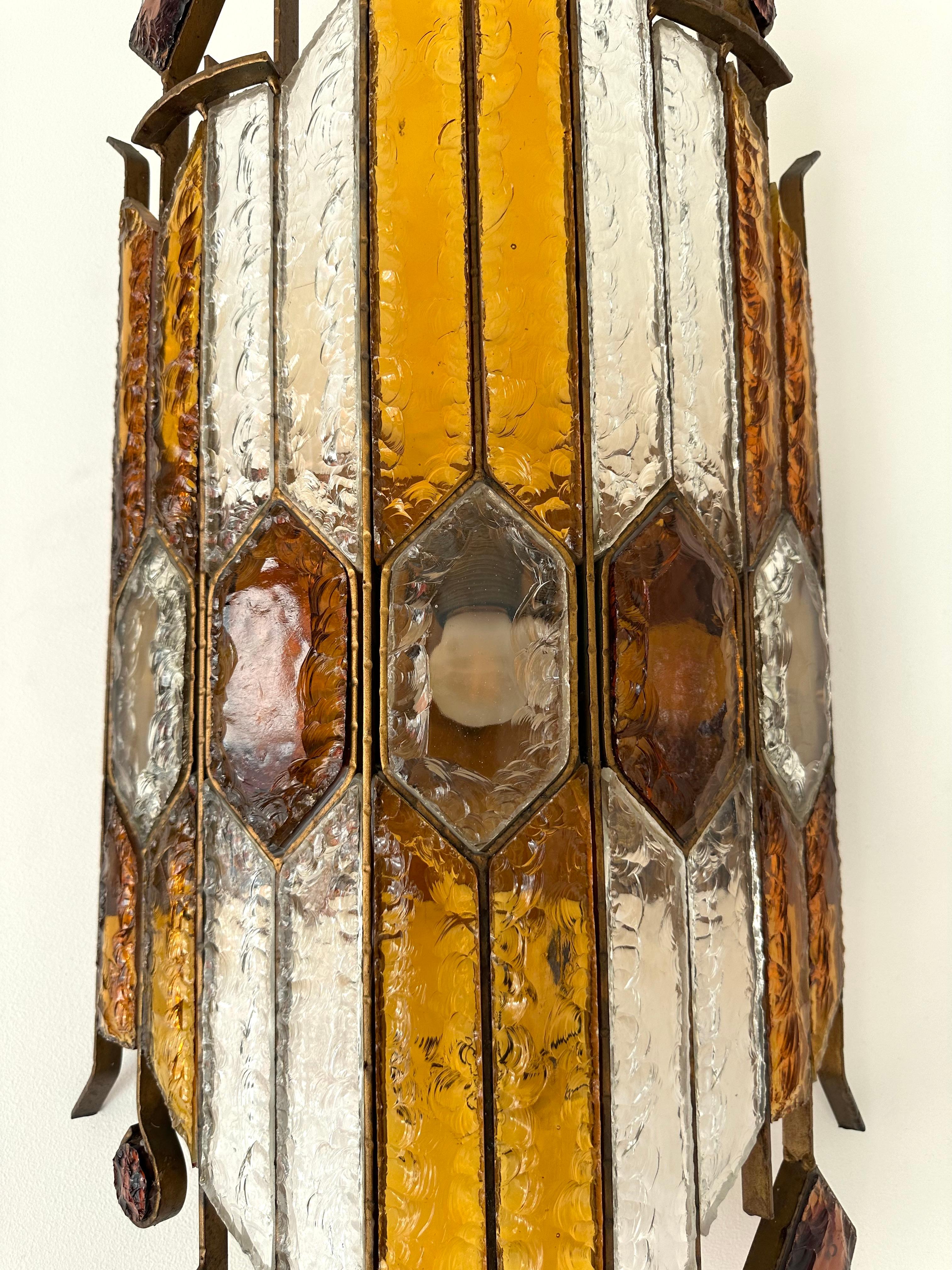 Pair of Large Hammered Glass Wrought Iron Sconces by Longobard, Italy, 1970s 1