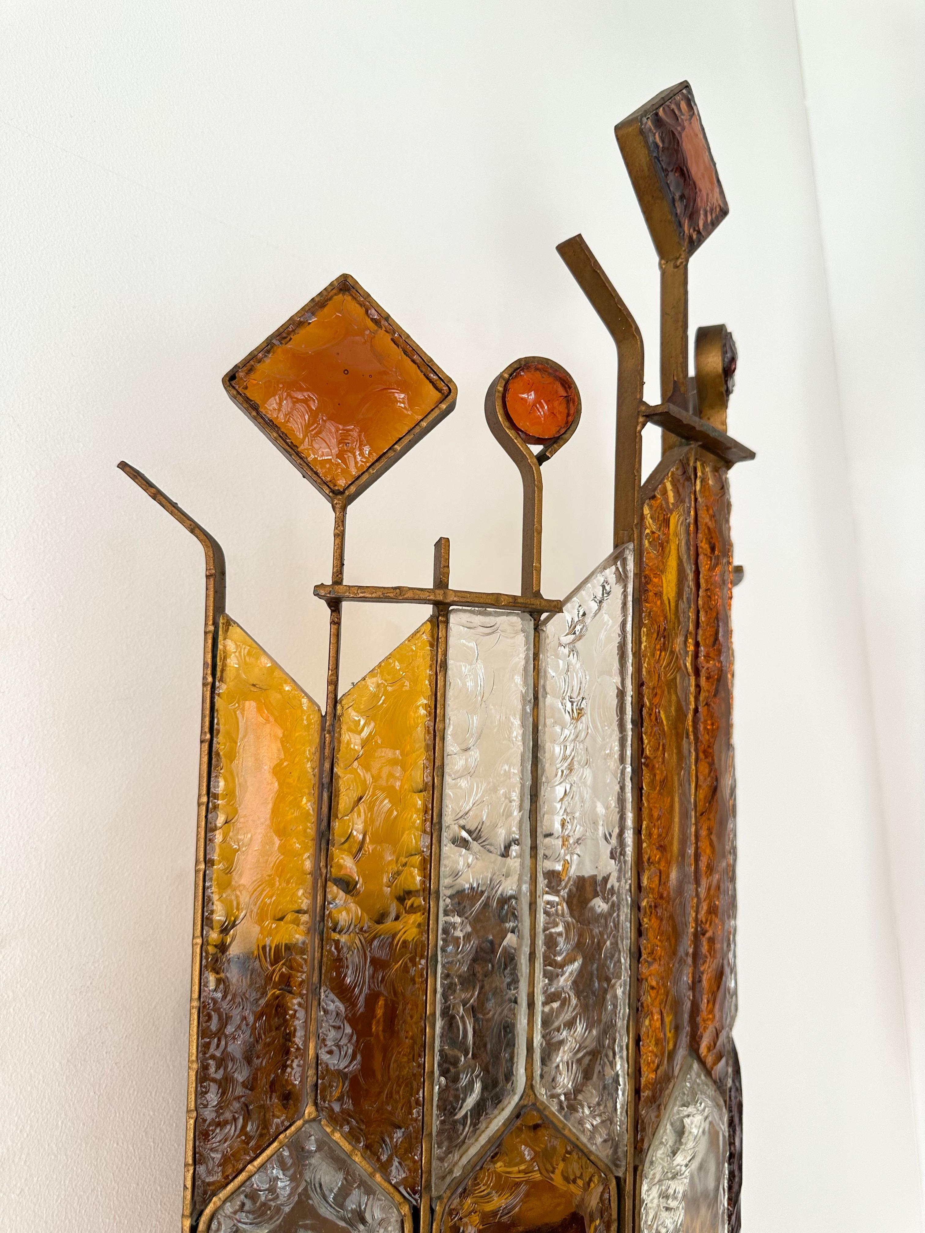 Pair of Large Hammered Glass Wrought Iron Sconces by Longobard, Italy, 1970s 2