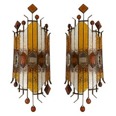 Pair of Large Hammered Glass Wrought Iron Sconces by Longobard, Italy, 1970s