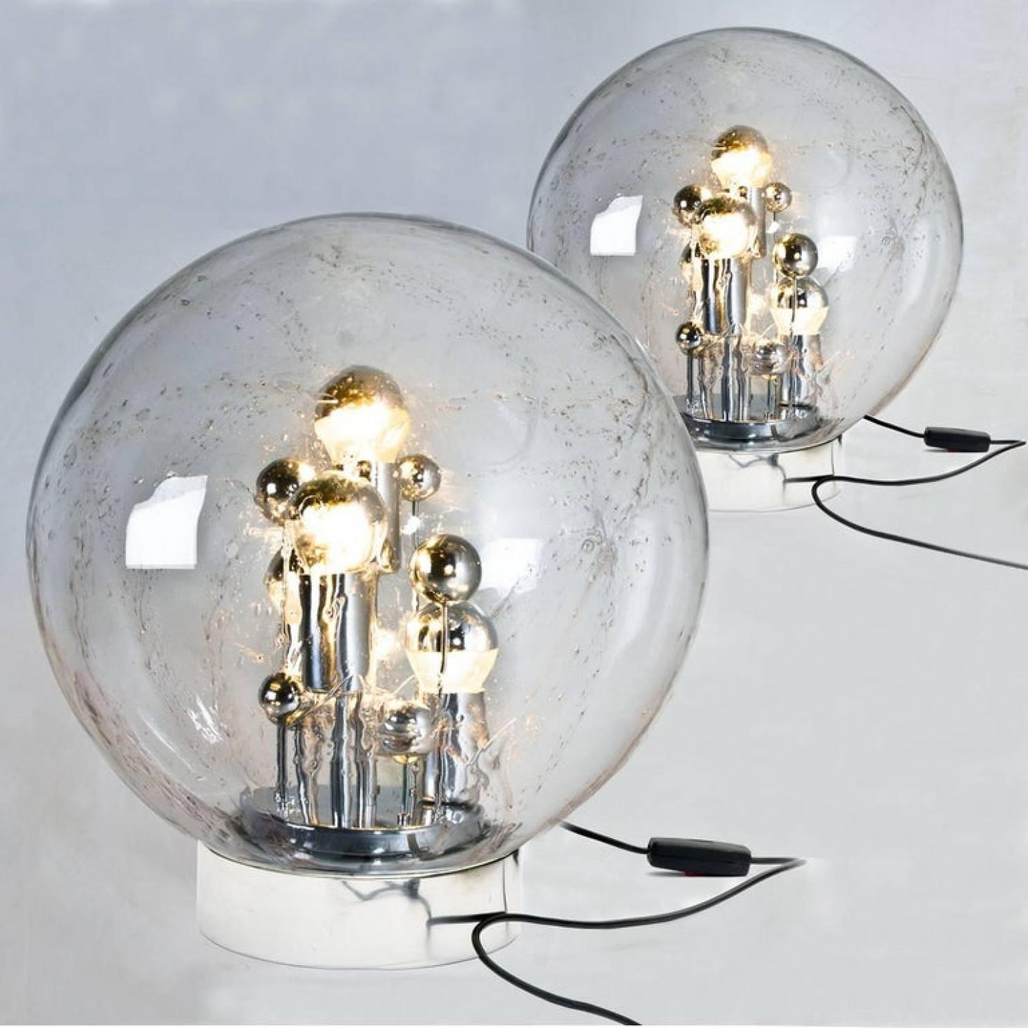 German Pair of Large Hand Blown Bubble Glass Doria Table Lamps, 1970 For Sale