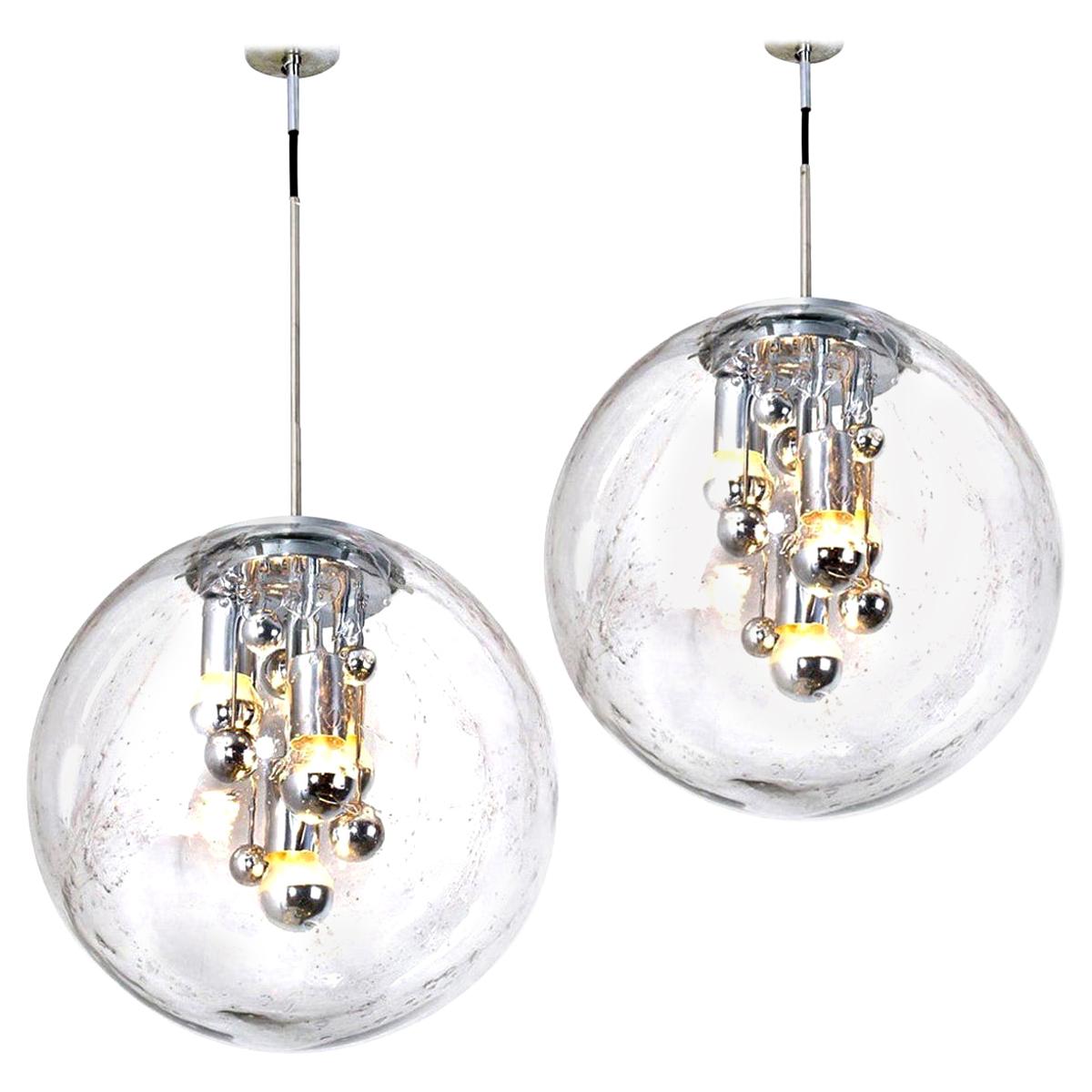 Pair of Large Hand Blown Bubble Glass Pendant Lights from Doria, 1970s